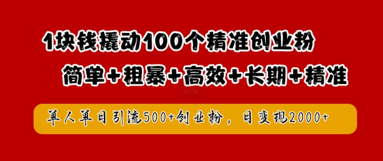 1块钱撬动100个精准创业粉，简单粗暴高效长期精准，单人单日引流500+创业粉，日变现2k【揭秘】-神牛哥资源总站